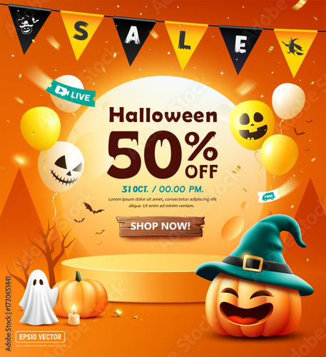 Halloween podium display, pumpkin, pennant flag and bat flying ,colorful balloon on full moon poster design on orange background