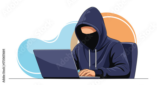 Hacker using a laptop in a dimly lit room with a blue hoodie and face mask.