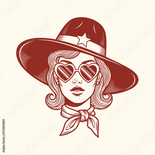 Retro illustration of a stylish cowgirl wearing a western hat and heartshaped sunglasses.