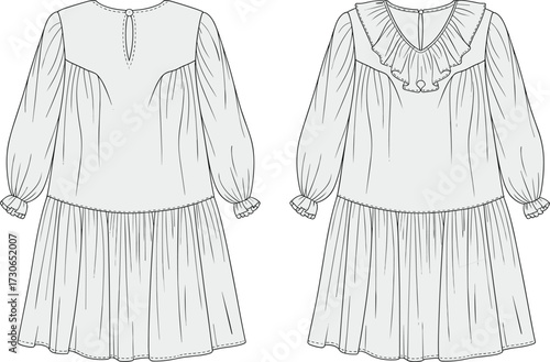 Vector flat fashion sketch of girl dress with ruffle collar, puff long sleeves, gathered skirt, keyhole back, detailed garment design