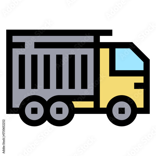 Icono de camión de construcción. Vehículo pesado utilizado en obras y proyectos de infraestructura para transporte de materiales. Ilustración vectorial