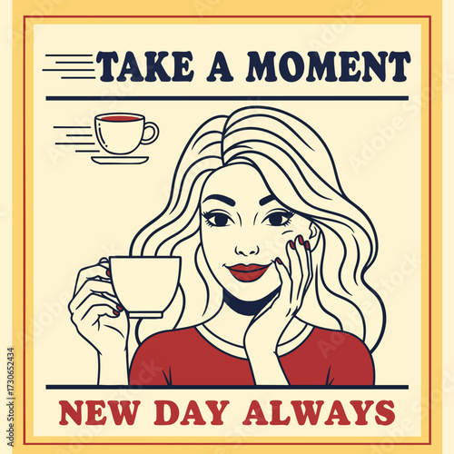 Retro pop art illustration of a woman enjoying a coffee break with the phrase Take a Moment.
