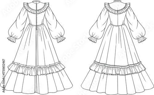 Vector fashion flat sketch of vintage long sleeve ruffle collar dress with puff sleeves, button back closure, layered floor length skirt