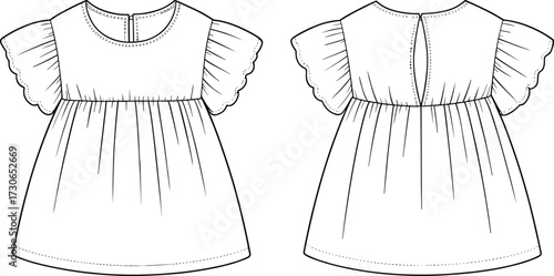 Vector flat fashion sketch of cute girl dress with flutter sleeves, scalloped edges, gathered bodice, round neckline, keyhole back