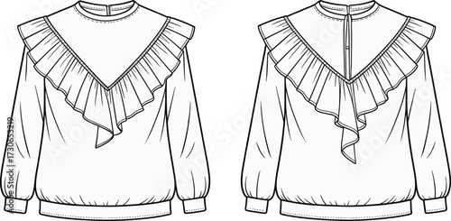 Vector technical flat illustration of women blouse with ruffled V design, round neckline, long sleeves, gathered hem, and back keyhole closure