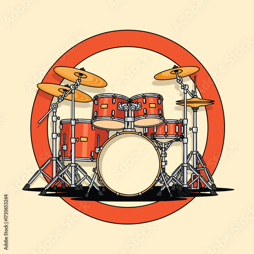 Stylized illustration of a red acoustic drum kit with cymbals inside a circular orange frame.
