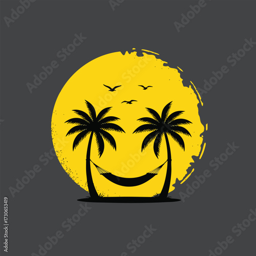 Tropical smiley face design with silhouette palm trees a hammock and a yellow sun.