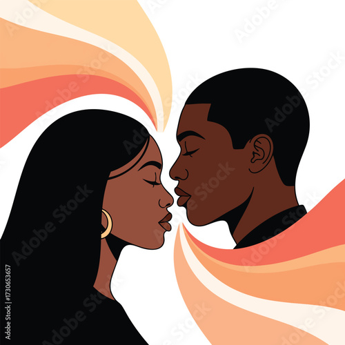 Vector illustration of a romantic Black couple with closed eyes about to share a kiss.