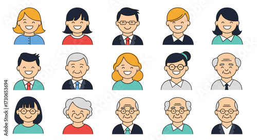A diverse collection of cartoon avatars representing people of various ages and genders.