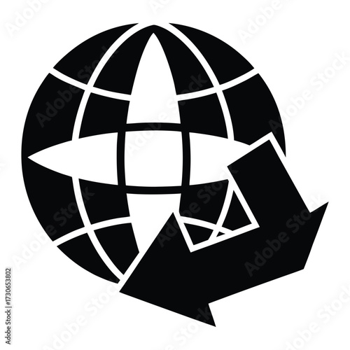 Black globe icon with outward pointing arrow world earth