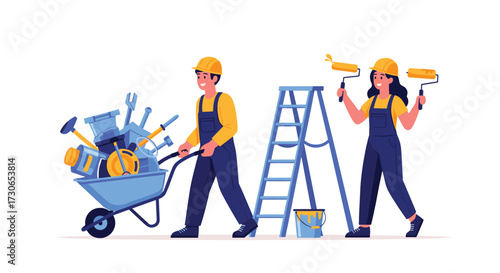 Two construction workers prepare for home renovation and repair work.