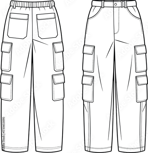 Vector technical flat illustration of men cargo pants with multiple pockets, elastic waistband, belt loops, drawstring, seam details, and tailored fit