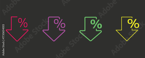 Colorful Percentage Down Arrows Set for Finance and Business Concepts Depicting Discount or Reduction
