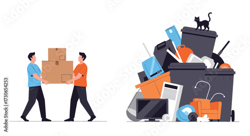 Two people carry boxes to a large pile of trash.