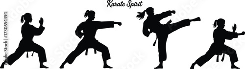 Karate spirit silhouette illustration, martial arts action poses, disciplined movement design, high kick and punch, self-defense concept art, bold typography composition