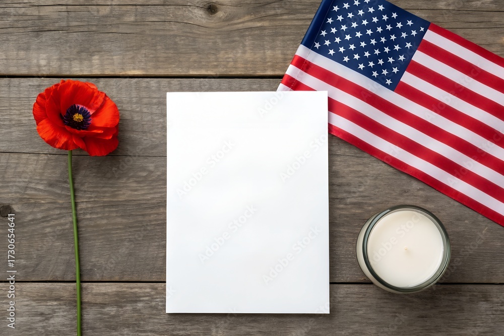 Obraz premium Memorial Day Still Life with American Flag Poppy Flower and Blank Card on Rustic Wood