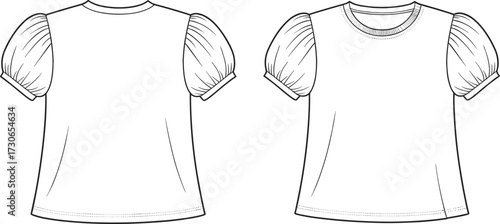 Short sleeve blouse fashion flat sketch vector illustration with puff sleeves, round neckline, flared silhouette, garment construction drawing, clothing pattern outline