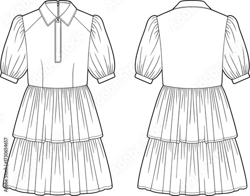 Short sleeve dress fashion flat sketch vector illustration with Peter Pan collar, puff sleeves, tiered skirt, button placket, garment construction drawing