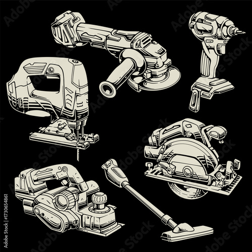 Jigsaw, electric drill, drill, angle grinder retro badge logo vector design set for Construction. Woodworking vintage emblem logo graphic collections. Power tools illustration label element designs
