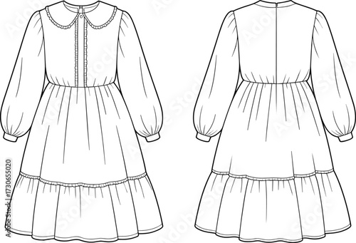 Long sleeve dress fashion flat sketch vector illustration with Peter Pan collar, lace trim, tiered skirt, puff sleeves, garment construction drawing