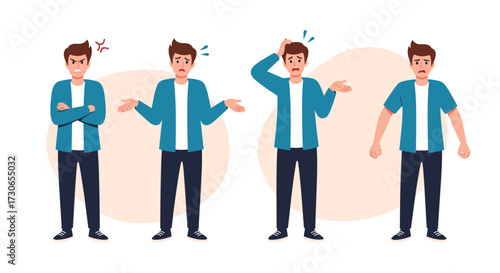 A young man shows frustration confusion and uncertainty with different gestures.