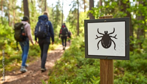 Hikers on a forest trail with a tick warning sign