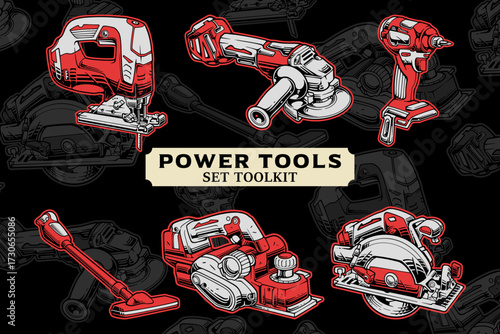 Jigsaw, electric drill, drill, angle grinder retro badge logo vector design set for Construction. Woodworking vintage emblem logo graphic collections. Power tools illustration label element designs