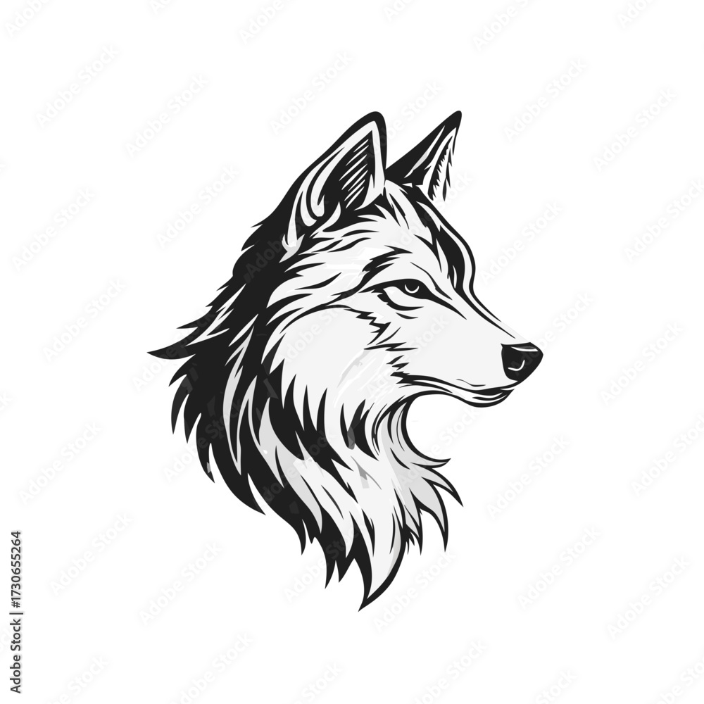 Naklejka premium Striking Black and White Wolf Head Illustration in Profile View, Majestic Wild Animal Vector Art, Strong and Fierce Design Element