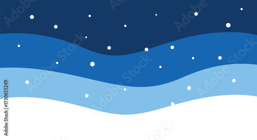 Vector art of abstract winter landscape with falling snow and wavy layers of blue and white