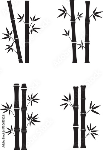 Four stylized black bamboo stalks with leaves silhouette