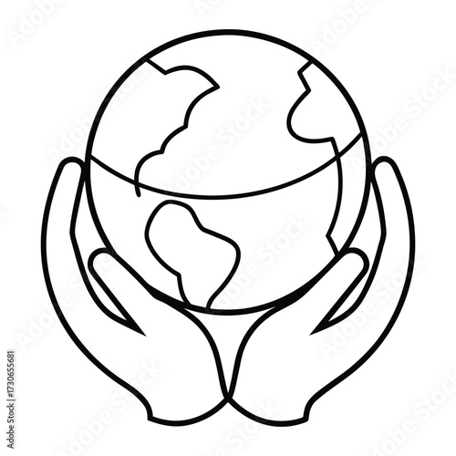 Black outline of earth held in cupped hands globe holding