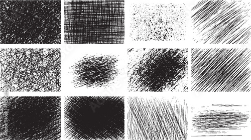 Rough Sketch Texture Set, Grunge Crosshatch Shading Lines  black and white texture vector. Distressed overlay Vector illustration, urban vector design on transparent background.