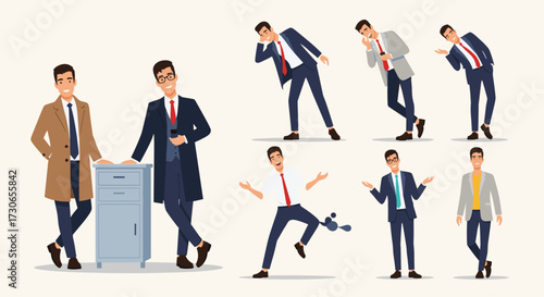 A collection of pixel art illustrations depicting businessmen in various poses and emotions.