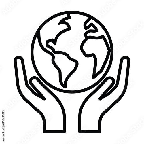 Black outline of hands holding planet earth icon globe