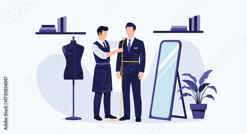 Tailor taking measurements for a custom suit.