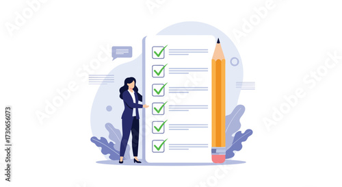 Woman is checking the tasks on a long checklist with a giant pencil.