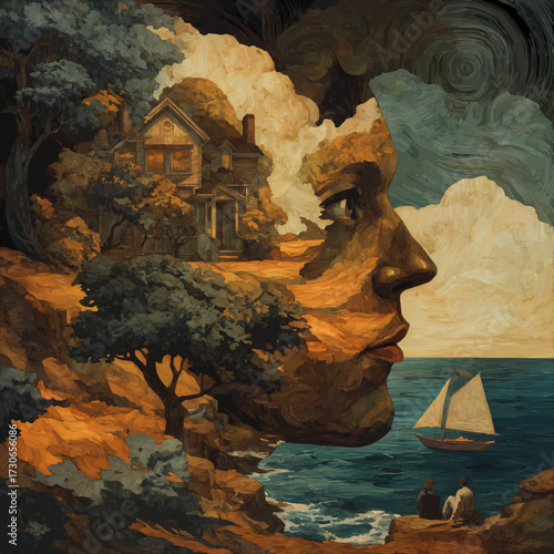Surreal Dreamscape: A human profile intertwined with a rustic house, vibrant trees, ocean, sailboat, and people on the coast