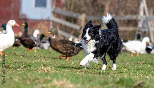 A playful Border Collie dog chases ducks in a sunny field