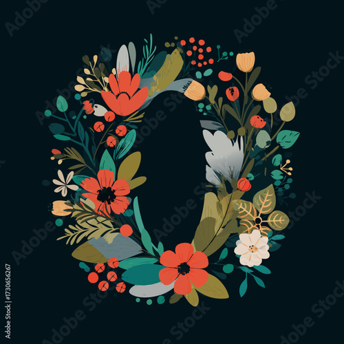 Floral letter O illustration on dark background, botanical alphabet initial design with colorful flowers and leaves