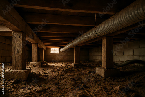 Crawl space foundation of wooden house with soil and ventilation pipework
