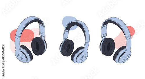 A trio of blue over ear headphones with colorful abstract shapes floating around them.
