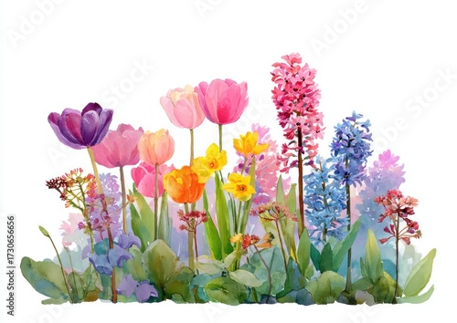 Vibrant spring flowers in a watercolor garden scene, showcasing tulips, hyacinths, and other blossoms in a variety of colors.