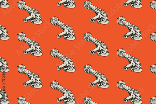 Angle grinder doodle pattern on orange background. Grinder tools seamless pattern background. Vector with power tools. Machine isolated motif wallpaper