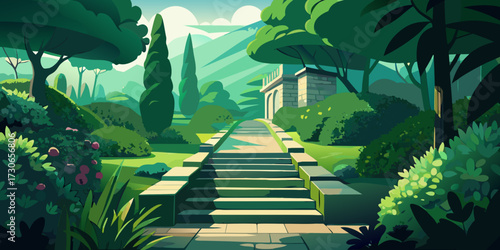 Tropical resort landscape with trees and forest mountains under a summer sky in the morning