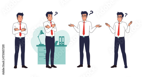 Four businessmen expressing confusion and doubt in various poses.