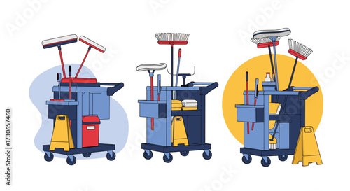 Cleaning carts with various cleaning supplies and equipment are displayed.