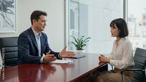 Wallpaper Mural Professional business people engage in a discussion, sitting at a conference table within a modern office environment, with natural light illuminating the scene, conveying collaboration. Torontodigital.ca