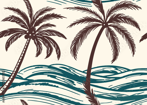 Seamless pattern with palm trees and waves