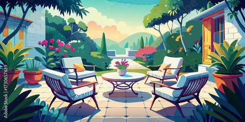 Summer garden restaurant terrace view with chairs and tables for a luxury tropical vacation