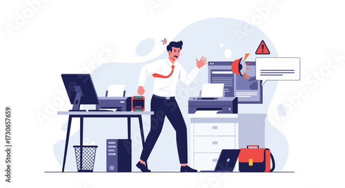 Frustrated businessman experiencing office technology problems.